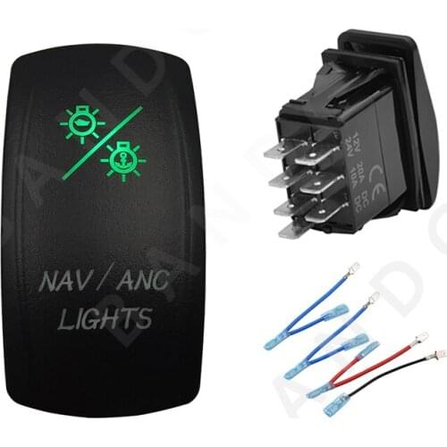 NAV/ANC LIGHTS 7P ON-OFF-ON DPDT Green LED Light Laser-Etched Rocker Switch for Car Boat Marine Yacht Freighter,Jumper Wire