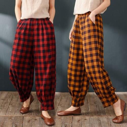 2020 Spring Autumn New Women Plaid Pants Trousers Female Elastic Waist Harem Pants Ladies Vintage Plaid Pants Causal Pants H161