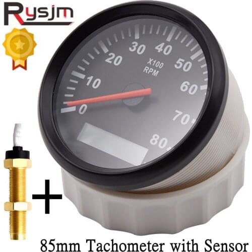 12V/24V 85mm Boat Tachometer Marine Tacho Meter Gauge LCD Hourmeter 8000RPM 6000RPM Car Toerenteller With Sensor M16 M18