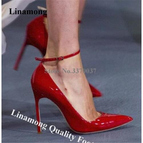 Linamong Elegant Fashion Pointed Toe Patent Leather Stiletto Heel Pumps Red Sexu Ankle Strap High Heels Formal Wedding Shoes