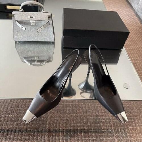 Black Metal High-heeled Shoes Luxury Women Pointed Toe Sandals Fashion Sheepskin Party Lady Shoes 6CM Size Summer White Pump