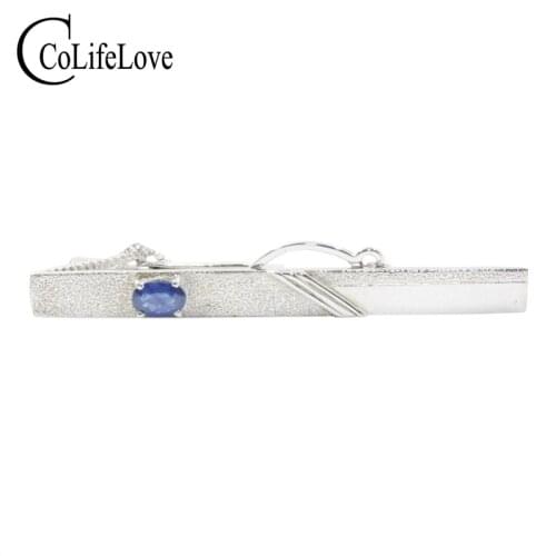 CoLife Jewelry Natural Sapphire Tie Clip 925 Silver Tie Clip for Daily Wear 4*6mm Sapphire Tie Clip Classic Silver Man Jewelry