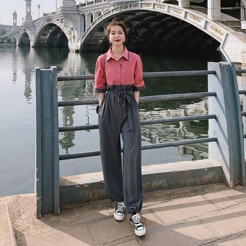 Women Fashion Splice Short Sleeve Shirt Jumpsuit Summer Loose Casual Korea Elegant Bandage Wide Leg One Piece Pants Set Overalls