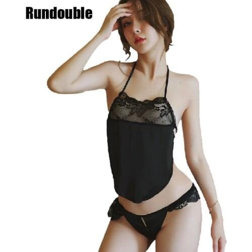 Ladies 2pcs Sexy Lingerie Set Halter Backless Women Bellyband Crop Top and Crotchless Panty Floral Lace Patchwork Pajamas Dress