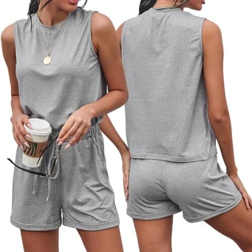 Summer 2021 Women Casual 2-piece Outfit Set Basic Sleeveless Solid Color Tops+Shorts Set for Ladies Female Daily Wear