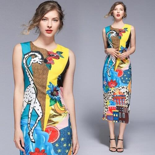2020 Summer Runway Designer Long Dress Womens Sleeveless Giraffe Cartoon Flower Print Back Split Party Vintage Tank Dress