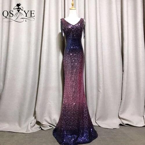 QSYYE Purple Evening Dress Fading Glitter Mermaid Evening Gowns Sexy V Neck Party Dress Grape Sequined Tail Elegant Formal Dress