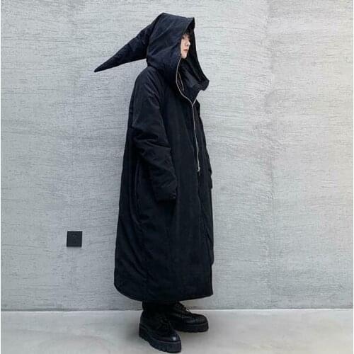 Winter Mens Dark Overcoat Wizard Hooded Chic Full Length Padded Outwear Outwear Irregular Styles Black Thick Dark Punk New 2021