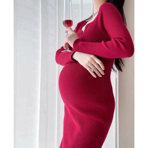2289# Autumn Sexy Hot Knitted Maternity Pencil Dress V Neck Charming A Line Slim Clothes for Pregnant Women Chic Ins Pregnancy