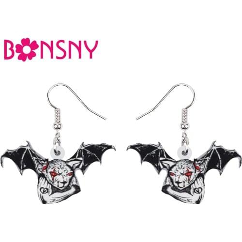 BONSNY Halloween Acrylic Magic Demon Black Wings Cat Earrings Big Novelty Drop Dangle Fashion Jewelry For Women Girls Gifts