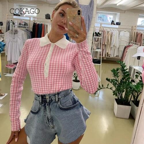 COKAGO Women Knitted Short Jumpsuits Ladies Y2k Houndstooth Print Bodycon Bodysuit Women Turn Down Collar Female Short Jumpsuit