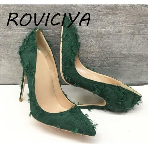 Blackish Green 12cm high heels exclusive brand Tassels pointer toe sexy shallow women wedding party evening shoes BM013 ROVICIYA
