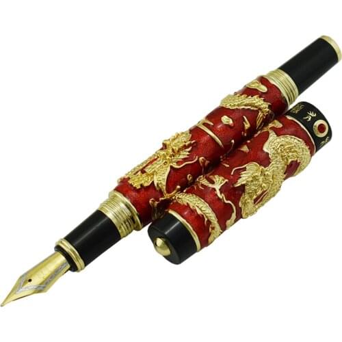 Jinhao Red Cloisonne Double Dragon Fountain Pen Iridium Medium Nib Advanced Craft Writing Gift Pen for Business, Graduate