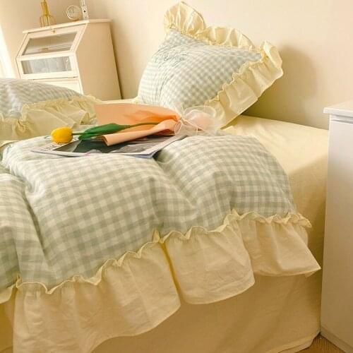 Plaid Bedding Set Floral Printed Ruffle Bed Linen Cotton Bedspread Pillowcase Duvet Cover US King Queen Size Bedding Sets 3/4Pcs