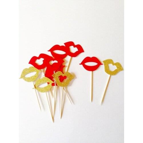 Red & gold glitter lip cupcake toppers, wedding party engagement food picks birthday cake decor