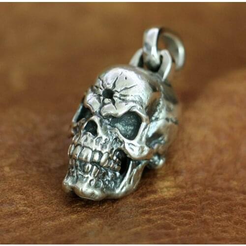 LINSION 925 Sterling Silver Wounded Skull Pendant Mens Biker Punk Pendant TA147