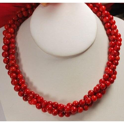Charming DESIGN 3 Strands Red Coral Round Beads Twist Gold Toggle Necklace shipping free AAA