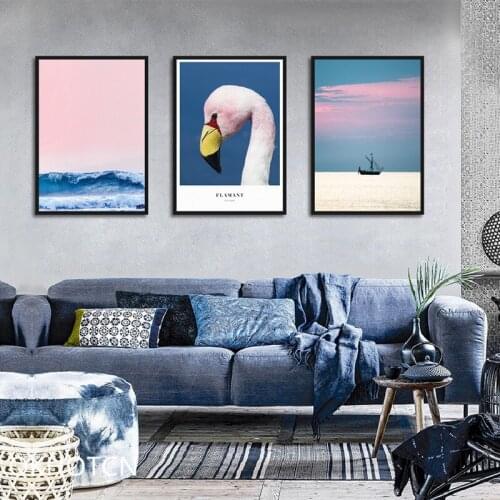 Minimalist Color Seascape Canvas Painting Nordic Pink Beach Flamingo Sailboat Posters Wall Art Picture for Girls Rooms Unframed