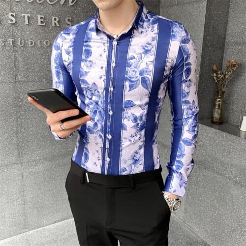 Fashion 2020 Men Floral Shirts Casual Autumn New Long Sleeve Striped Shirts for Men Clothing Slim Fit Digital Print Blouse Men