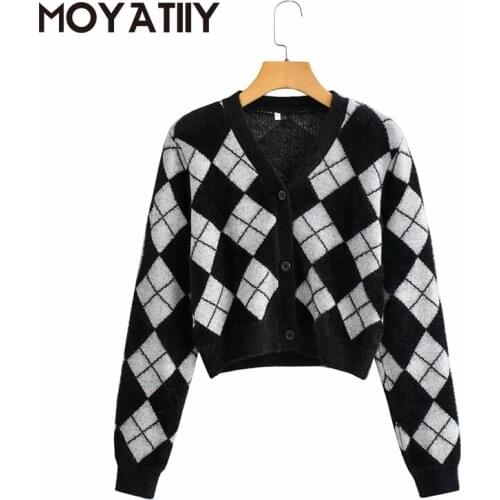 MOYATIIY Fashion Women Cardigan Sweaters Highstreet Autumn Winter Cardigan Coat Outwear Plaid Cross Parttern Female Short Tops