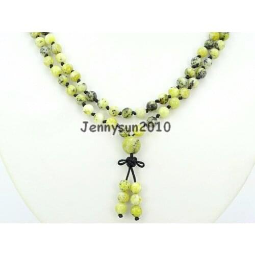 Natural Yellow Tur-quoise 6mm Gems Stone Buddhist 108 Beads Prayer Mala Knot Necklace Multi-Purpose 5Strands/Pack