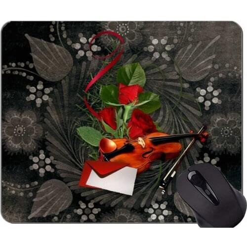 Mouse Pad Non-Skid Natural Rubber Rectangle Mouse Pads,Violin valentine love rose art -Stitched Edges