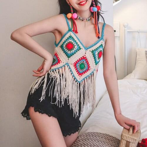 2021 Summer new Bohemian Hand Crocheted Suspender Vest Stitched with Hollow Tassel National Style Fake Knitting Camis Tank Tops