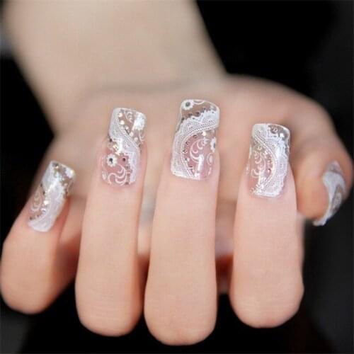 New Fashion Charm Nail Art White Lace Ribbon Rhinestone Full Nail Sticker DIY Nail Decoration Sticker Supplies