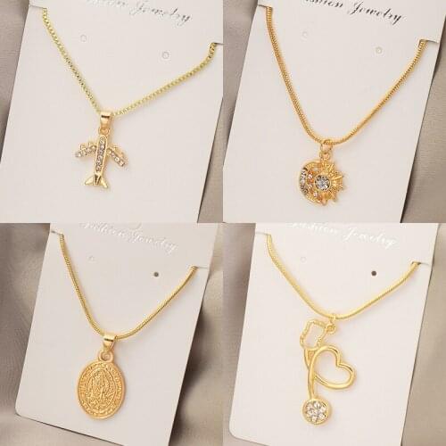 Trendy Airplane Sun Moon Heart Fish Portrait Pendant Necklace For Women Clavicle Choker Collar Delicate Jewelry Xmas Gifts