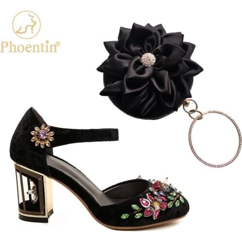 Phoentin Black crystal shoes matching bag Rhinestone Italian Ladies Shoe and Bag set evening bags high heels party mary janes