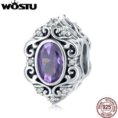 WOSTU 925 Sterling Silver Mysterious Heart Bead Purple Zircon Charm Dangle Pendant Fit Original Bracelet DIY Jewelry CQC1928