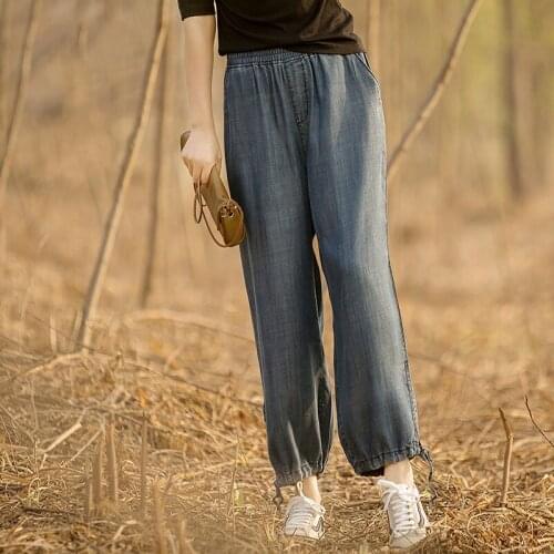 Casual Loose Straight Ankle-Length Pants Summer Arts Style Women High Waist Tencel Denim Wide Leg Pants All-Matched