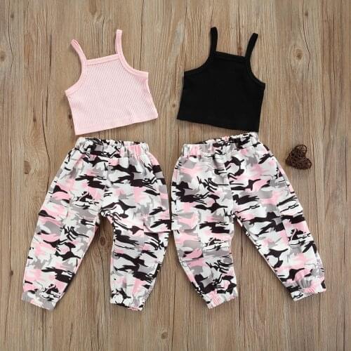 2-7Years Girls Casual Two-piece Clothes Set Boat Neck Camisole and Camouflage Printed Pattern Pants