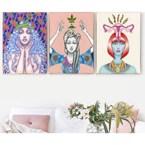 Retro Ethnic Colorful Abstract Goddess Wall Art Print Poster Animal Ovarian Organs Headdress Picture Boho Canvas Pictures Decor