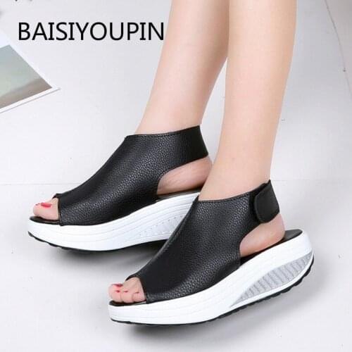 New Plus Size Summer Solid Flat Women Sandals Fashion Platform Hook & Loop PU Leather Thick Bottom Non-slip Casual Female Shoes