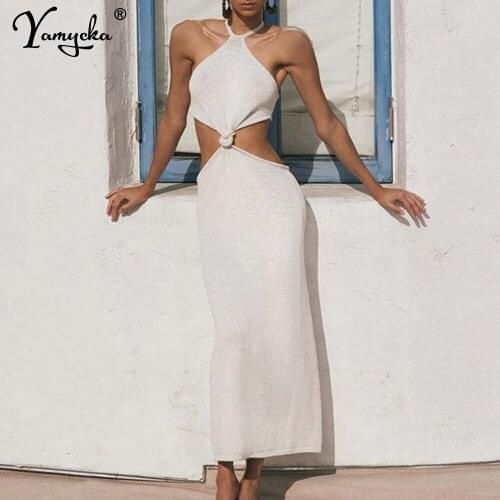 Sexy Black white halter maxi summer dress women elegant backless prom evening dresses hollow club party bodycon dress vestidos