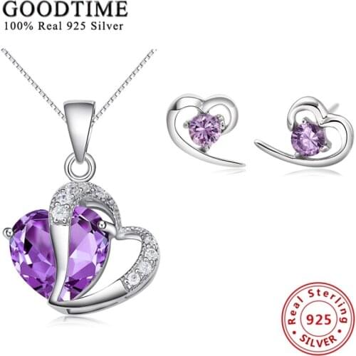 Silver Jewelry Romantic Fashion Luxury 925 Sterling Silver Jewelry Sets For Women Purple Heart CZ Wedding Necklace/Stud Earrings