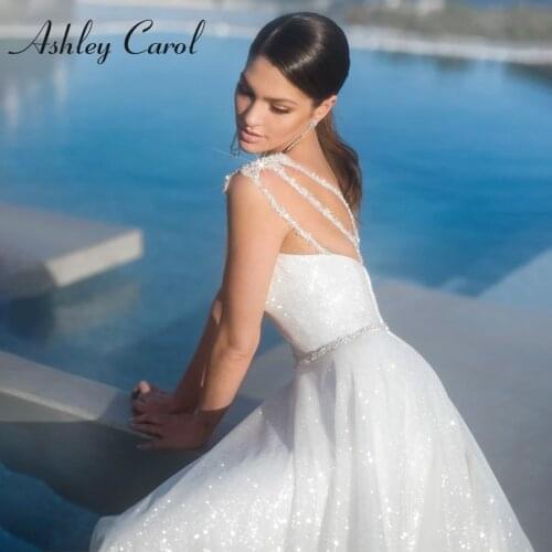 Ashley Carol A-Line Wedding Dress 2021 One Shoulder Shining Crystal Beaded Elegant Backless Beach Bride Dresses Vestido De Noiva