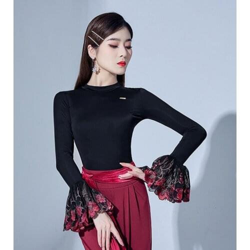 2021 Long Sleeve Latin Dance Tops Lace Up Flared Cuffs Ballroom Tango Performance Costume Female Waltz Practice Wear YS2286
