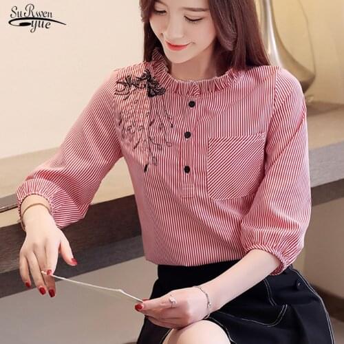 Spring Blusas Mujer Women Blouses 2021 Embroidered Striped Shirts 3/4 Sleeves Chiffon Shirts Pocket Button Womens Clothing