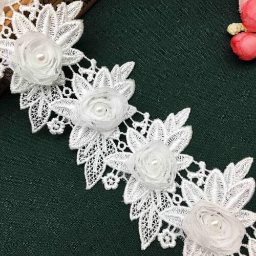 1 yd White Wing Rose Flower Pearl Beaded Leaf Floral Lace Trim Ribbon Fabric Handmade Embroidered Applique Wedding Sewing