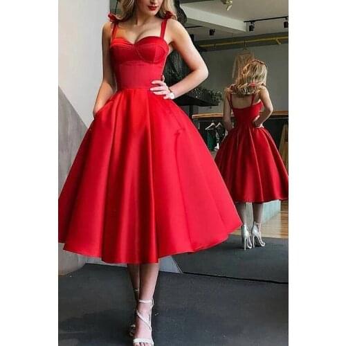 2021 Satin Tea Length Prom Dresses Spaghetti Straps Sleeveless Sweetheart Formal Evening Party Gowns Women Robe De Soiree