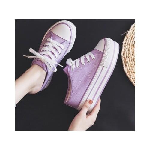 2021 Summer Lavender Thick Bottom Slipper Elevator Canvas Shoes Women 8cm Half Slippers Girl White Shoe Chunky Heel Light Purple