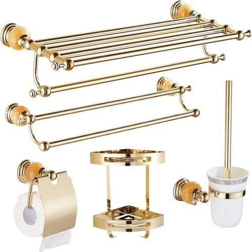 Gold Polished Bath Hardware Hanger Set Package With Jade Base Basetowel Rack Bar Paper Holder Shelf Brush Bathroom Accessories
