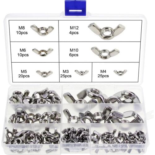 100pcs Wing Nut Assortment Kit M3 M4 M5 M6 M8 M10 M12 Stainless Steel Wingnuts Butterfly Nuts Fastener Set DIN315