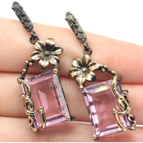 38x26mm Sublime Antique Vintate Real Red Ruby Created Paris Blue Topaz Black Gold Silver Earrings