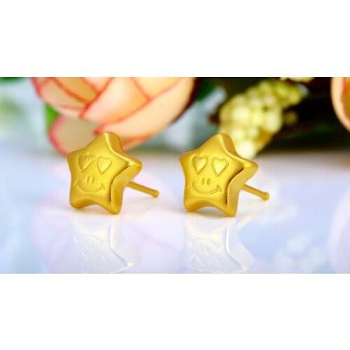 August New 24K Yellow Gold Smiling face Star Stud Earrings 10mm 1.5g
