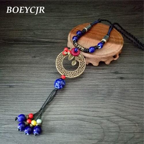 BOEYCJR Ethnic Copper Alloy Ceramic Beads Statement Necklace Chain Handmade Tassel Pendant Necklaces for Women Christmas