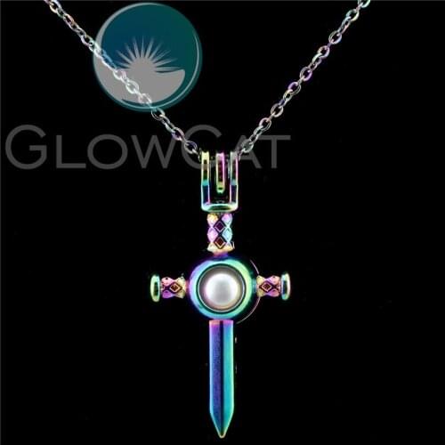 C544 Rainbow Color Sword Design Beads Cage Perfume Essential Oil Diffuser Oyster Pearl Cage Locket Necklace