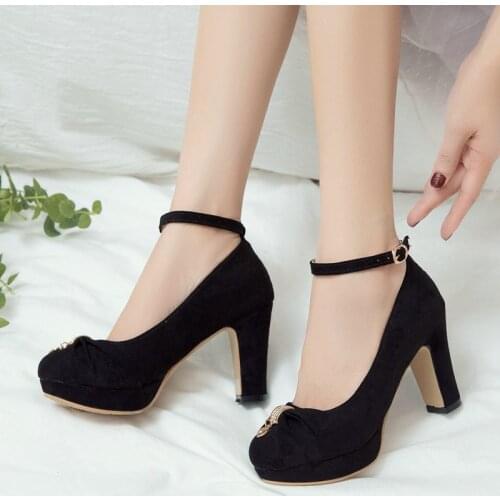 COOLULU 2020 New Fashion Women Square High Heel Pumps All Match Platform Flock Fashion Ankle Strap Pumps Women Shoes Size 34-43